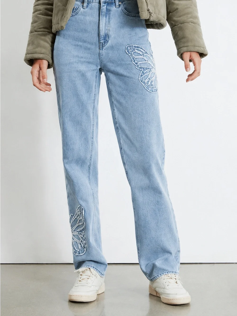 PacSun Light Blue Straight-Leg Jeans with Butterfly Embroidery